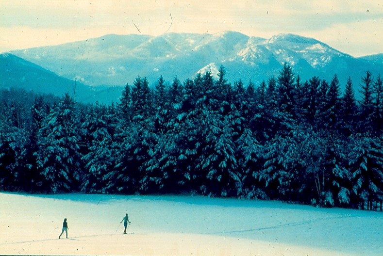 Two skiers with mountains in the background