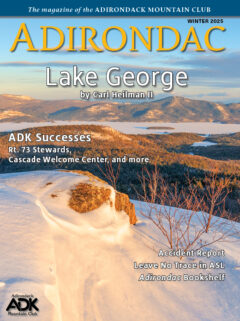 Winter 2025 cover of Adirondac magazine, featuring a view from a snowy mountain summit