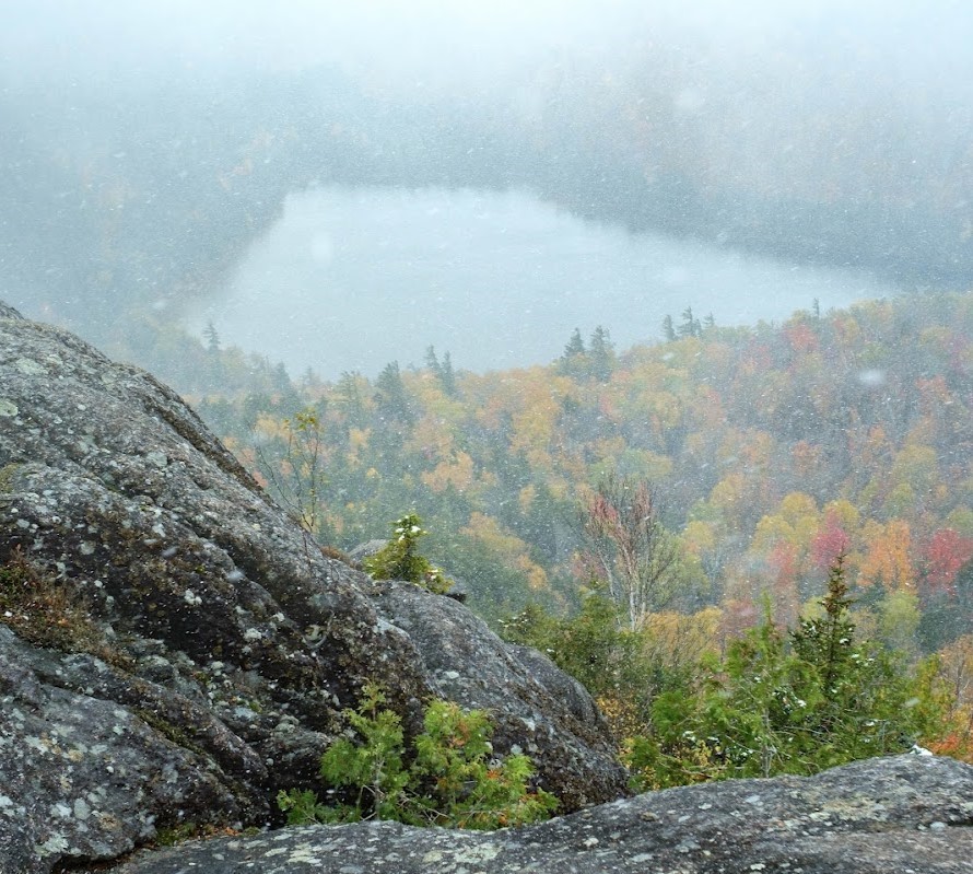 view of Heart Lake from Mount Jo on a cloudy autumn day