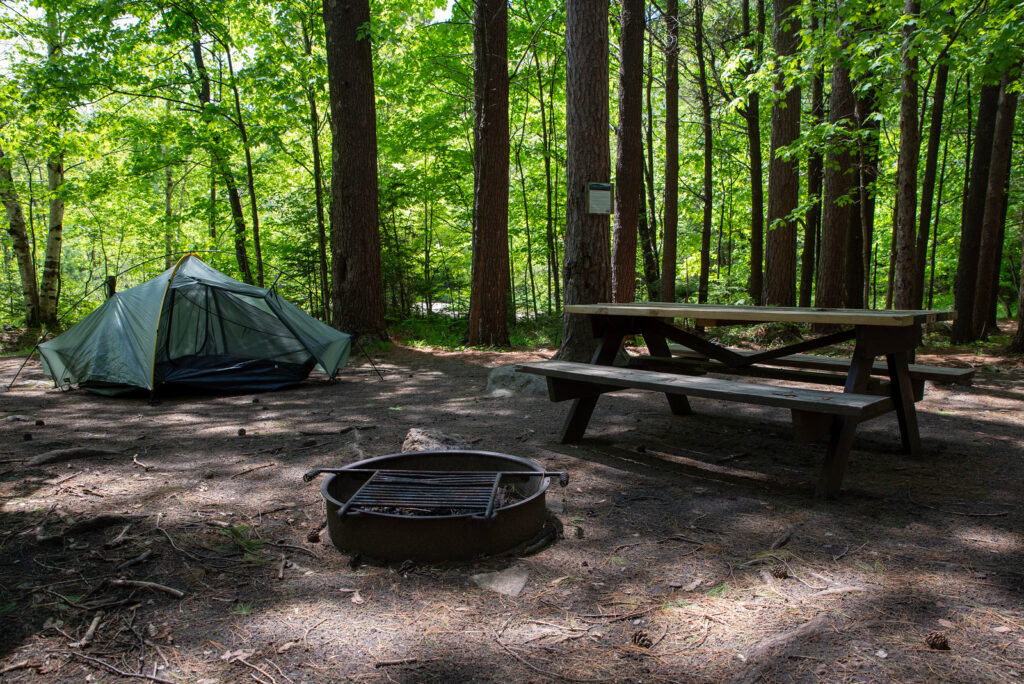 adirondack campsite with a tent, picnic table, and fire ring