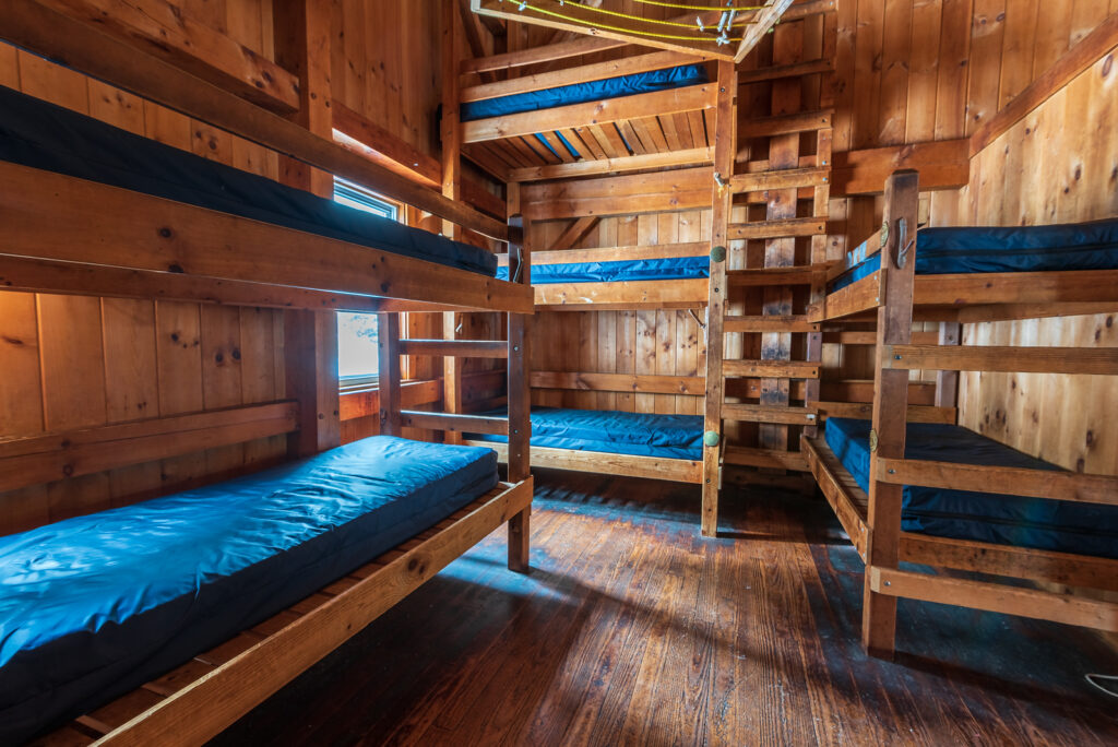 bunk beds inside a backcountry lodge