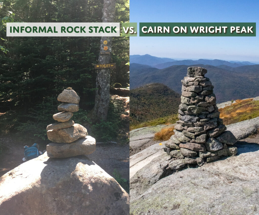 A comparison of an informal rock stack vs. a cairn