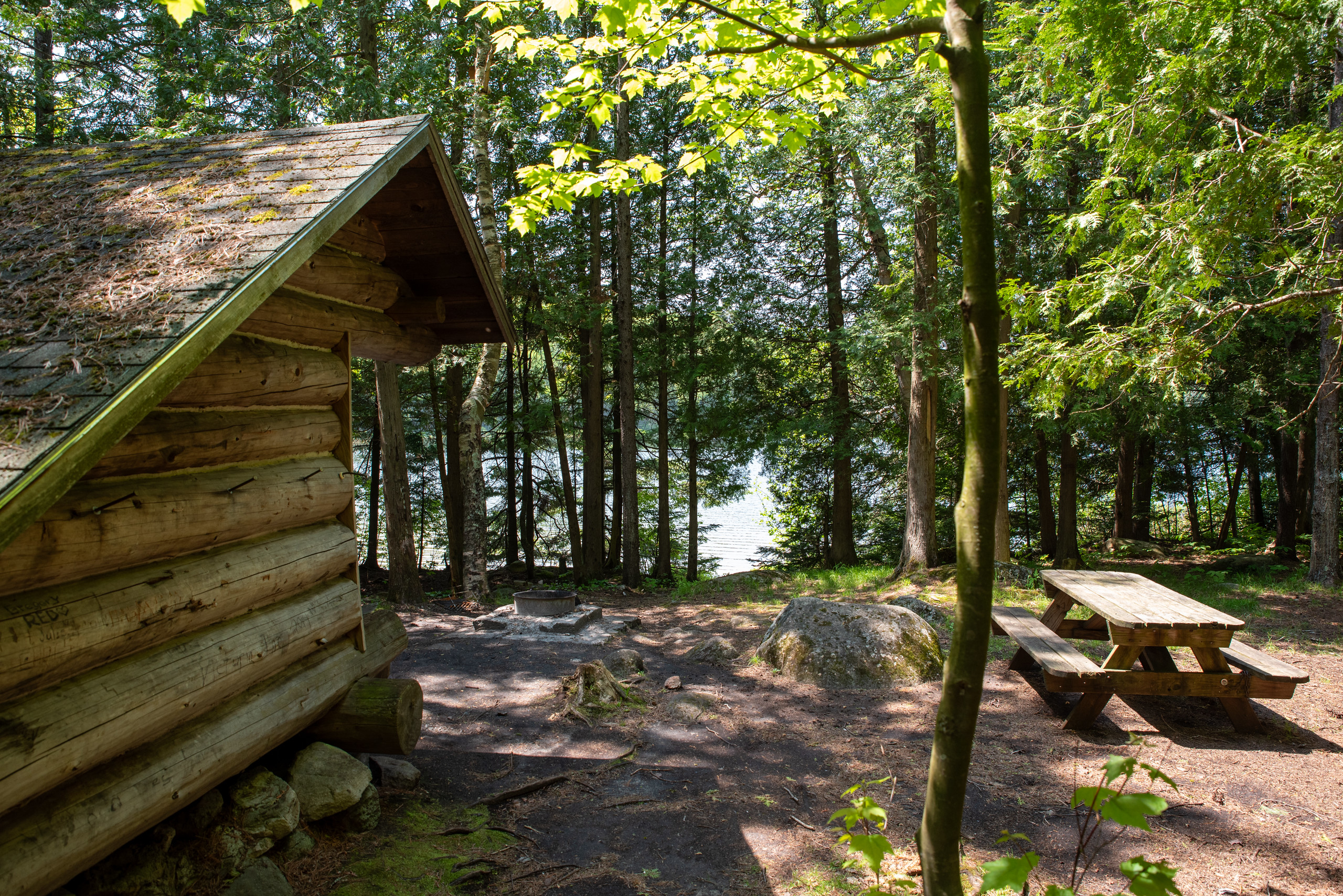 a lean-to overlooking a lake in the Adirondacks
