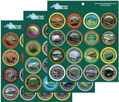 Collage of many round patches on a green background, each with different emblems and colors.