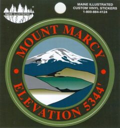 Circular sticker with a mountain landscape, green ring, and red text reading 'Mount Marcy Elevation 5341' around the edge.