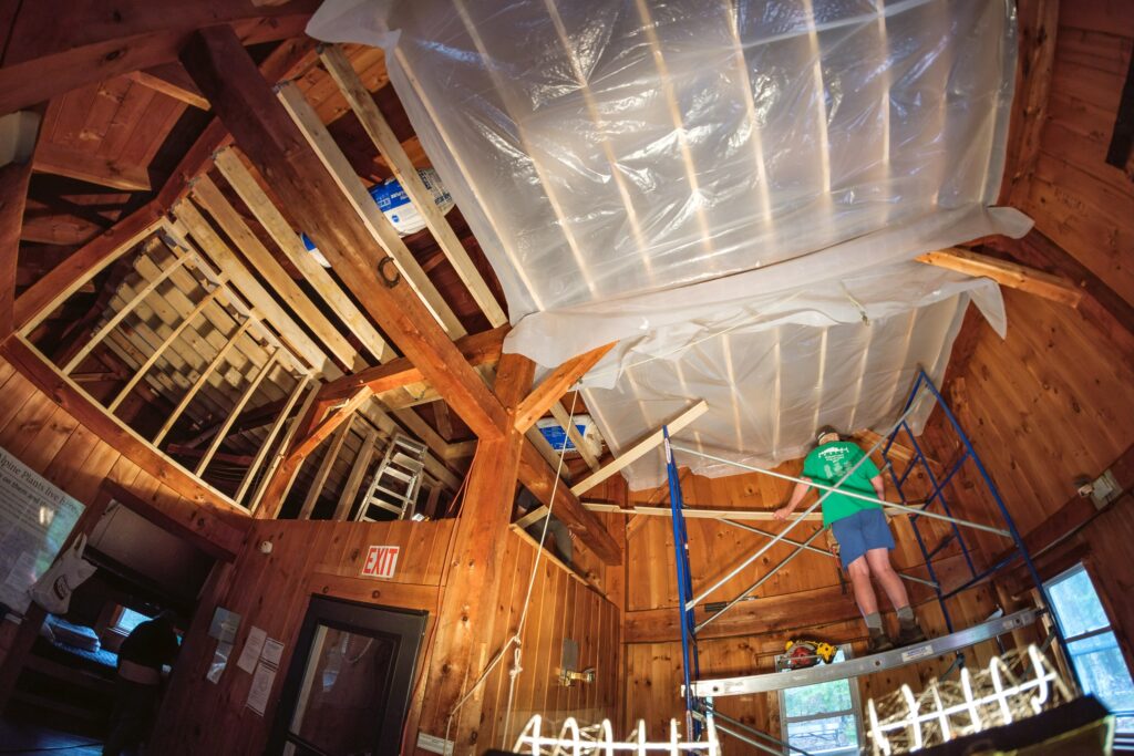Johns Brook Lodge work weekend, raising roof at camp Peggy O'Brien
