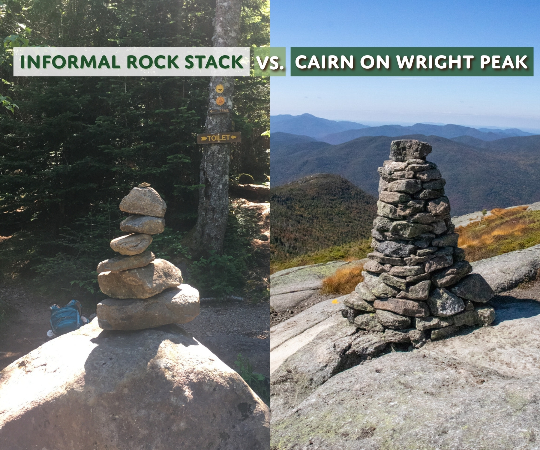 A comparison of an informal rock stack vs. a cairn