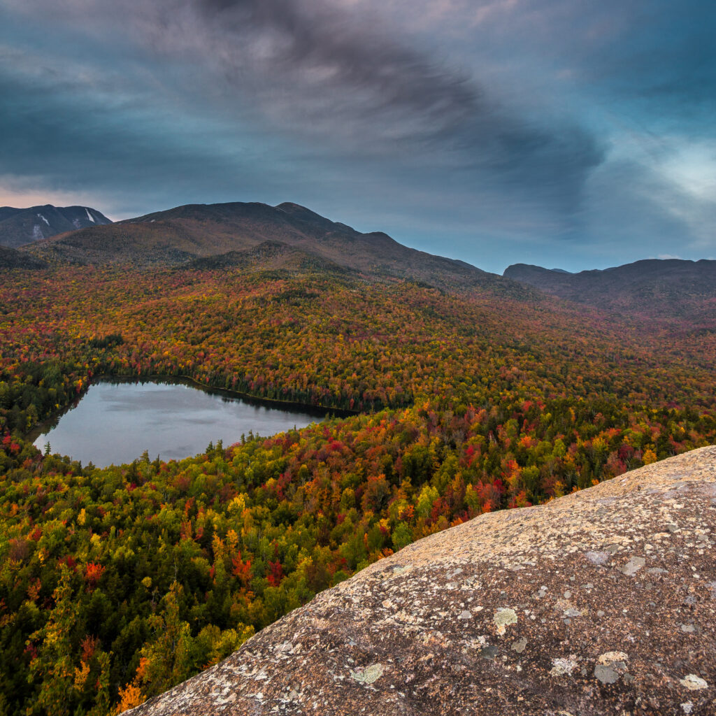 early fall foliage looking at heart lake in the high peaks of the adirondacks