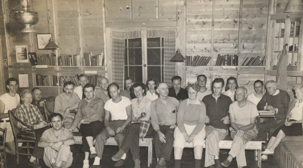 black and white photo of a group at johns brook lodge in the adirondacks