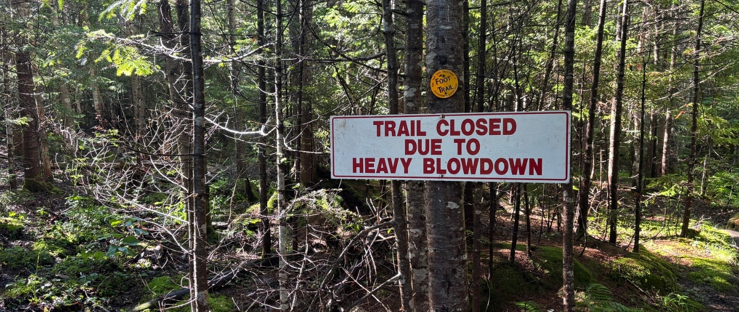 a sign that reads "trail closed due to heavy blowdown"