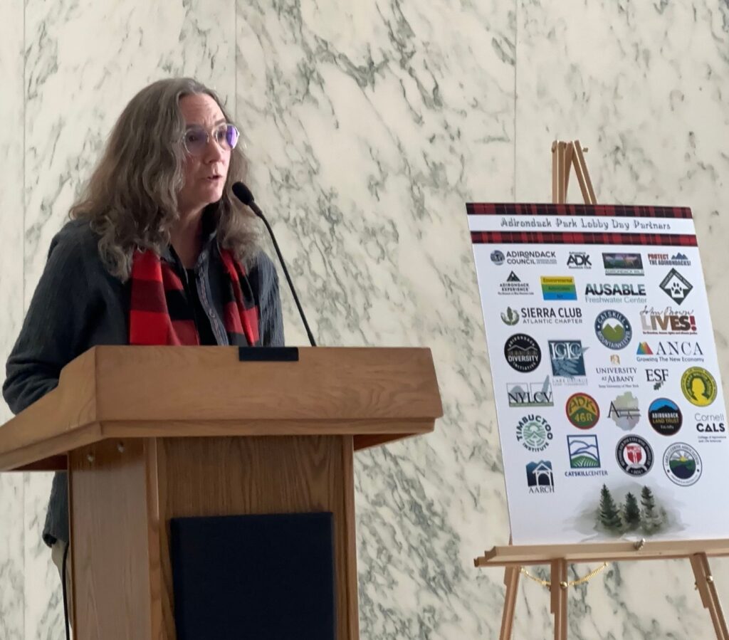 a person wearing a black and red scarf stands at a podium speaking into a microphone