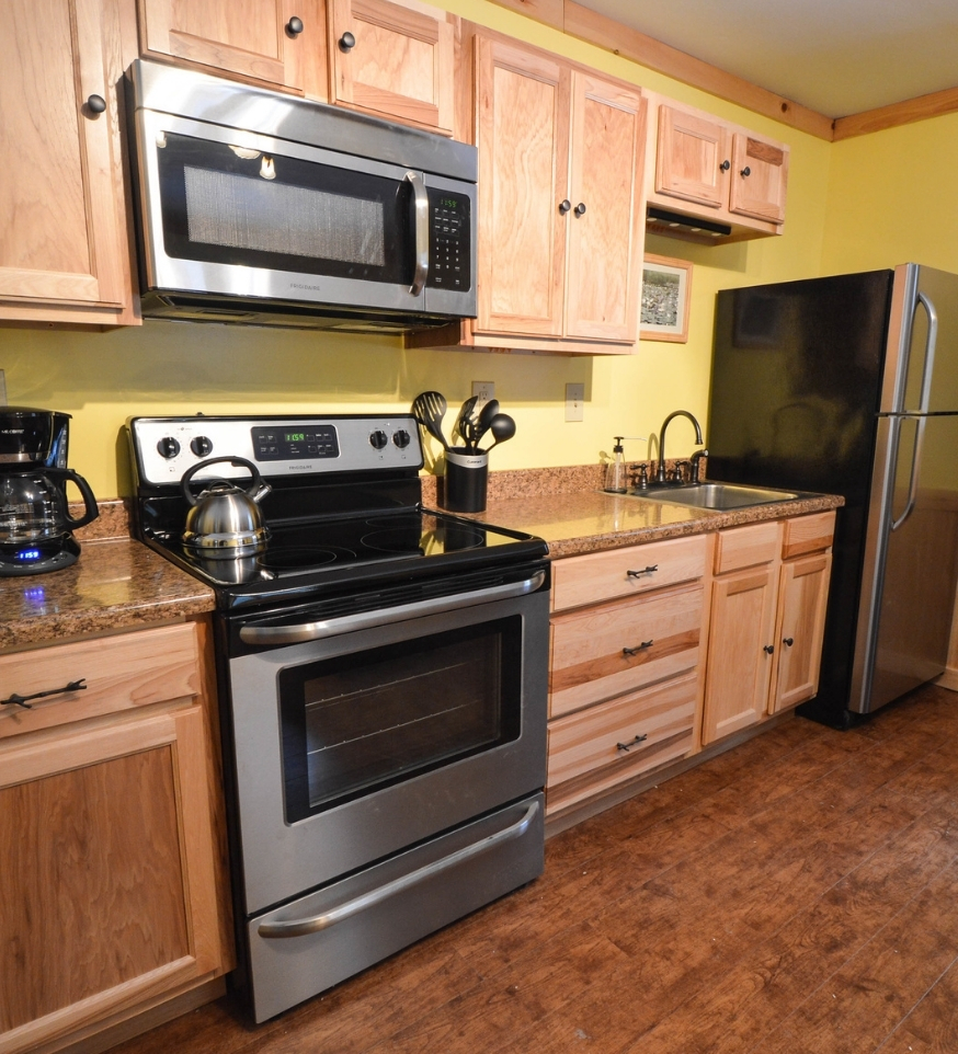 a kitchen area in an Adirondack cabin