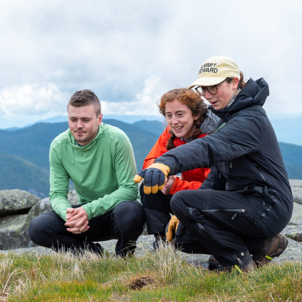 a summit steward pointing while talking to two hikers