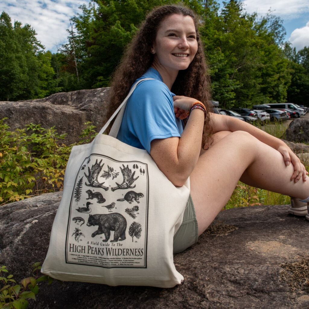 a dark haired woman wearing a blue shirt and sitting on a rock with a canvas tote bag over her shoulder